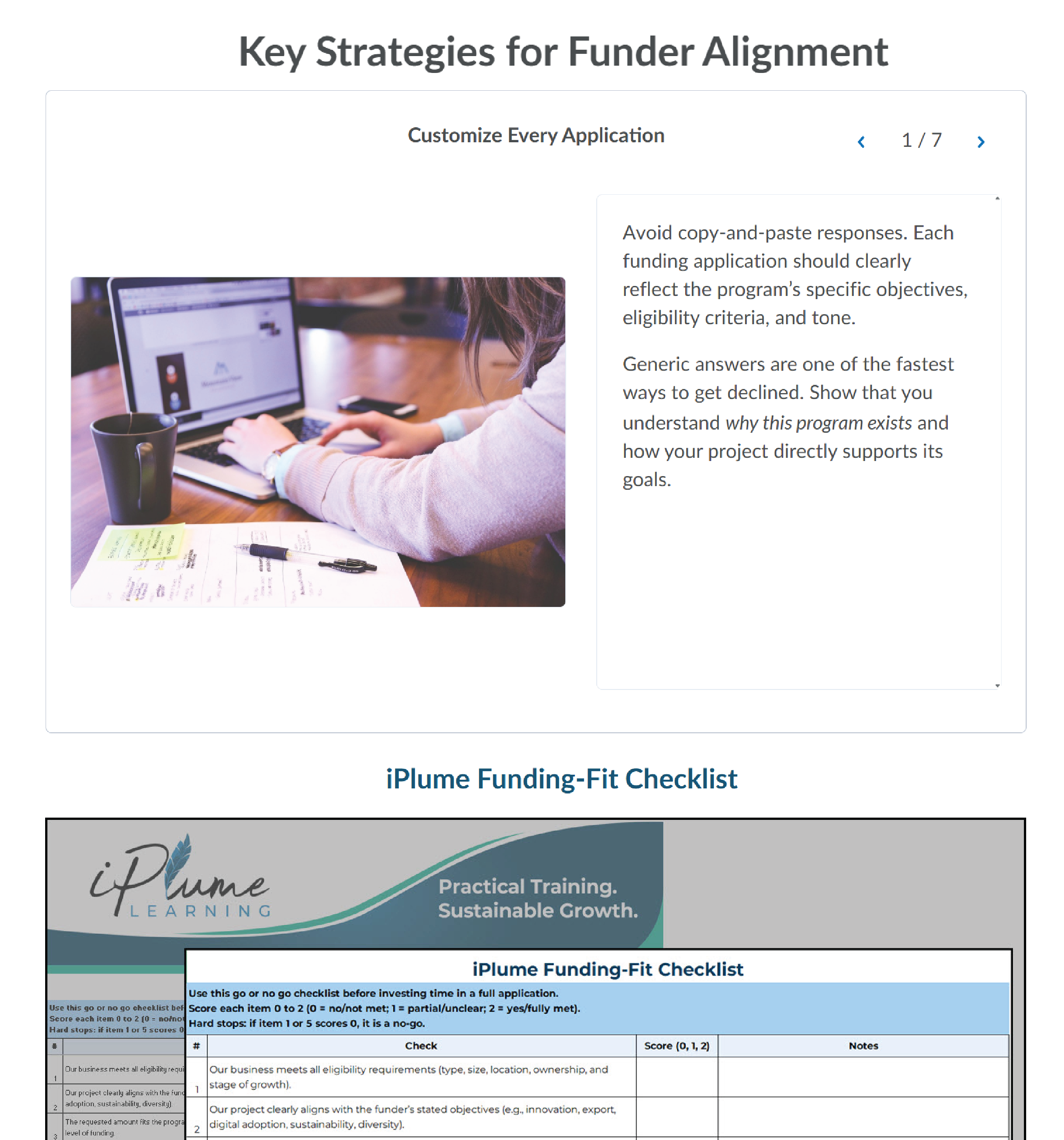 Screenshot of the Key Strategies for Funder Alignment course page showing an interactive carousel and downloadable resource.