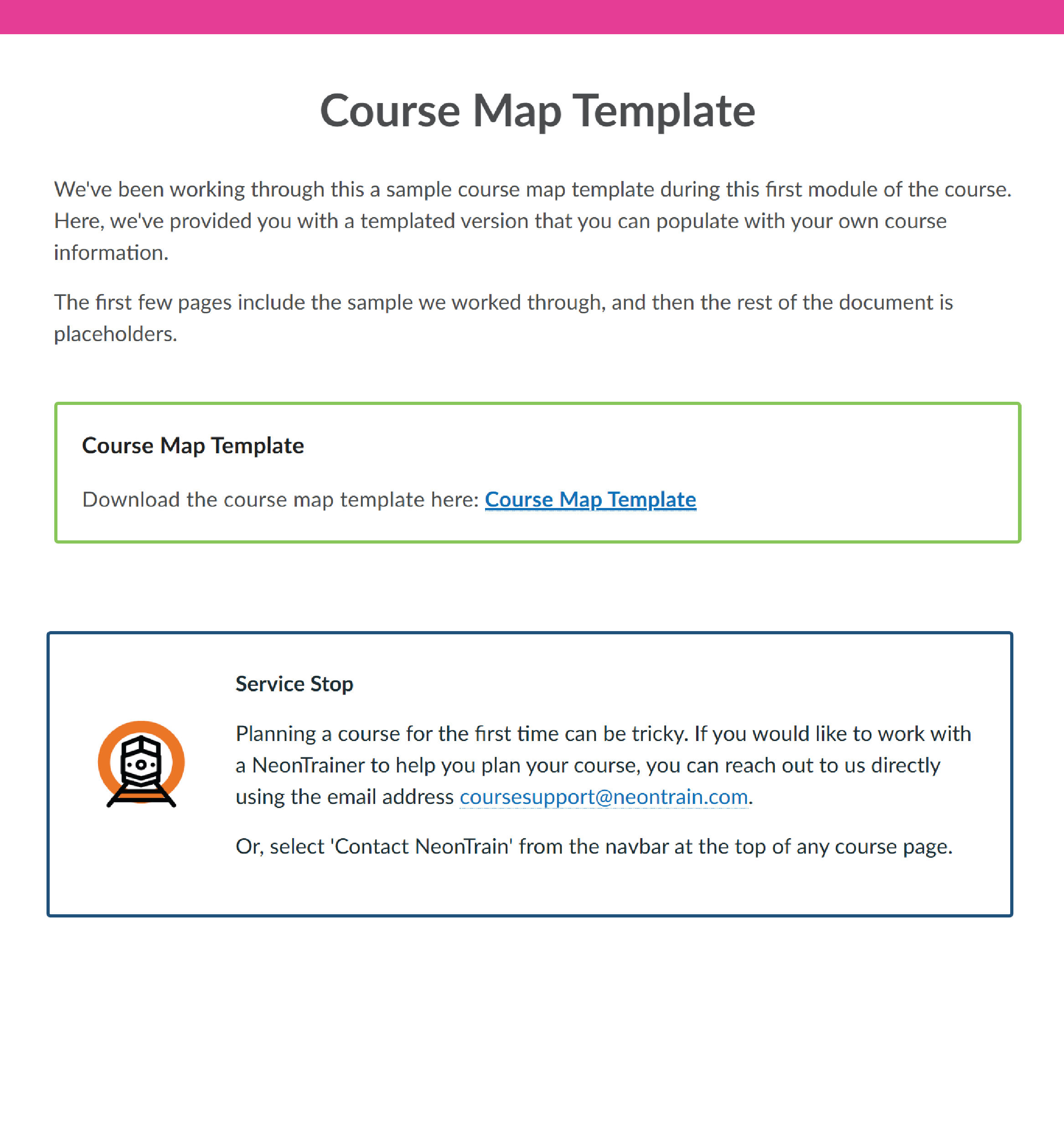 Course page titled "Course Map Template" with a course map template download button