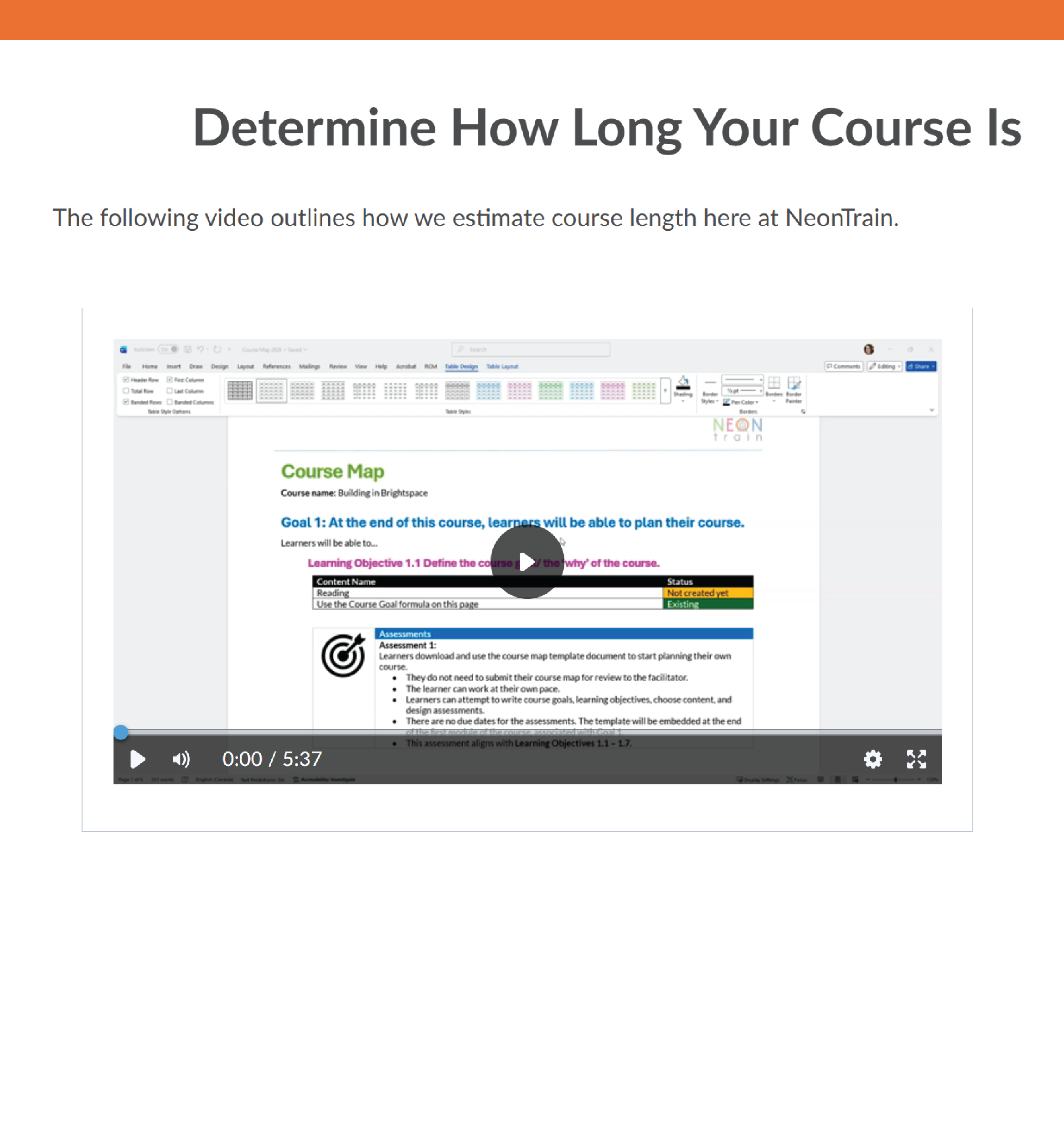 Course page titled "Determine How Long Your Course Is" with a video below. 