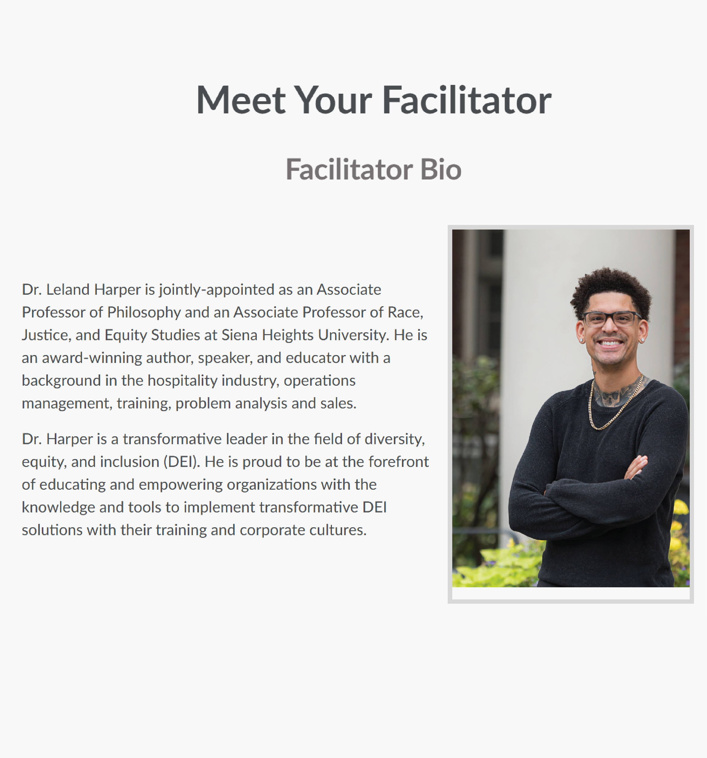 Meet Your Facilitator page, including an image of Leland Harper and a short biography