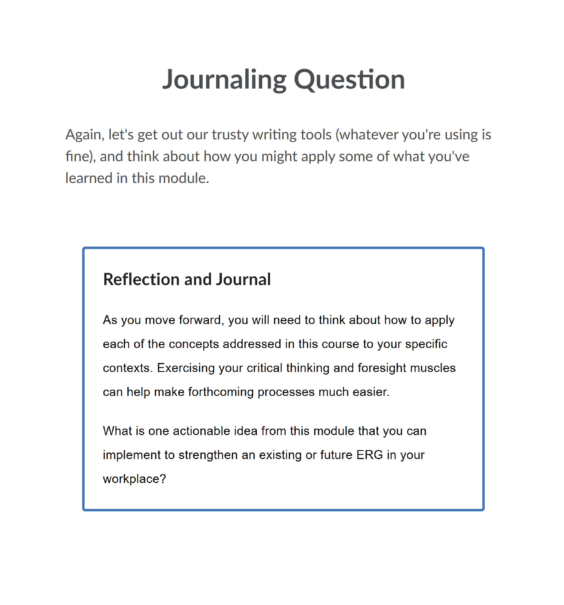 Page titled "Journaling Question" with activity instructions and a reflection prompt